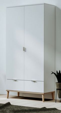 Kleiderschrank Lundby in matt wei� mit Sonoma Eiche massiv Dreht�renschrank 2-t�rig skandinavisch 90 x 180 cm