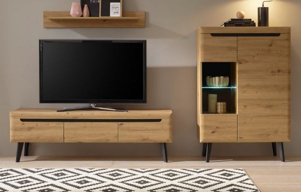 Wohnwand Ronson in Artisan Eiche und schwarz Wohnkombination 3-teilig skandinavisch 270 x 170 cm