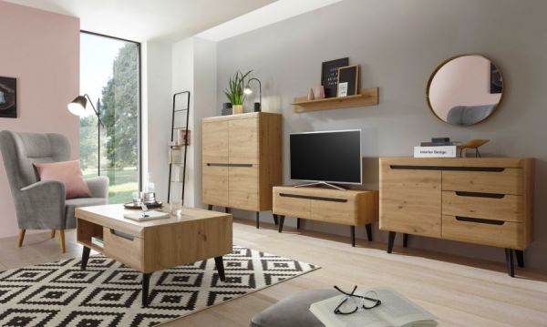 Wohnwand Ronson in Artisan Eiche und schwarz Wohnkombination 4-teilig skandinavisch 361 x 170 cm