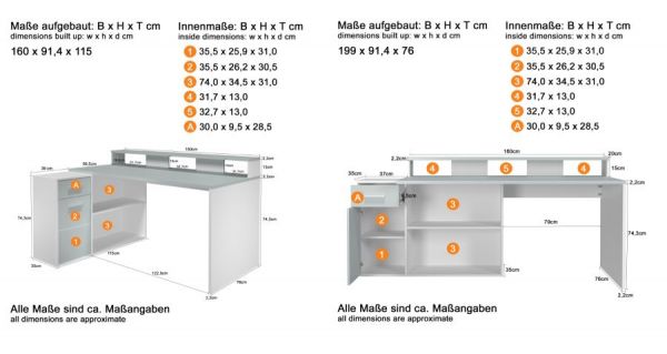 Schreibtisch Sektor dunklem Grau / Anthrazit,  mit Stauraum und 4 Stellvarianten 160 - 200 x 92 cm