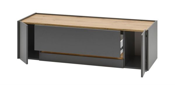 TV-Lowboard Center in grau matt und Wotan Eiche TV-Unterteil 140 x 40 cm