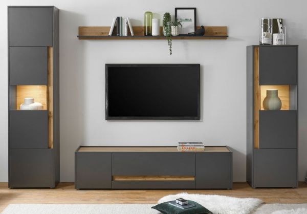 TV-Lowboard Center in grau matt und Wotan Eiche TV-Unterteil 170 x 40 cm