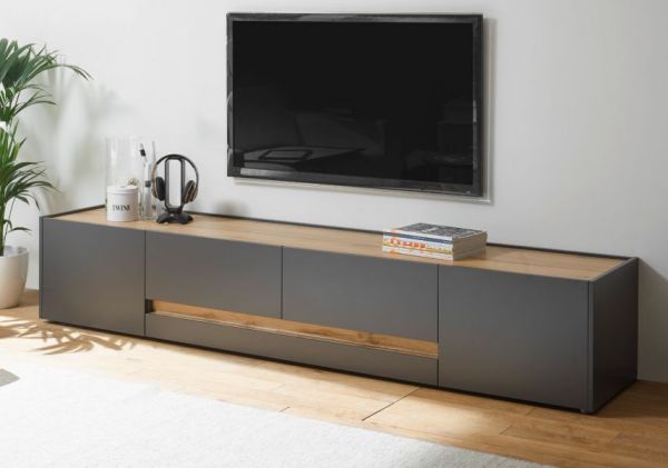 TV-Lowboard Center in Grau und Wotan Eiche,  223 x 40 cm gro�er TV Unterschrank