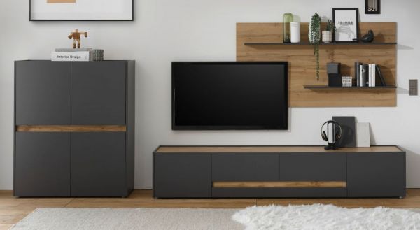 TV-Lowboard Center in Grau und Wotan Eiche,  223 x 40 cm gro�er TV Unterschrank