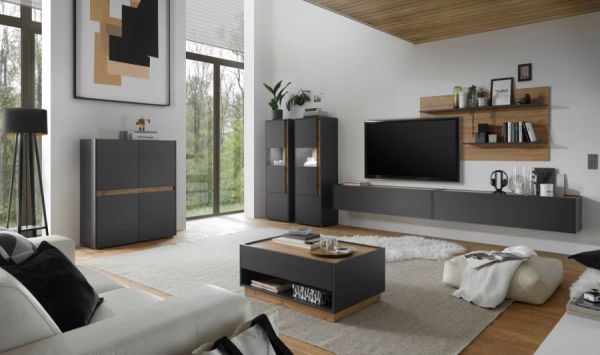 TV-Lowboard Center in grau matt und Wotan Eiche TV-Unterteil h�ngend 150 x 35 cm H�ngeschrank