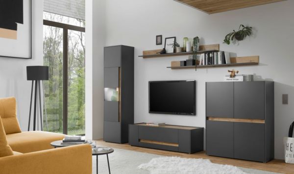 Wandboard Center in grau matt und Wotan Eiche Wandregal 170 x 15 cm