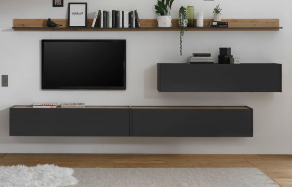 Wohnwand Center in grau matt und Wotan Eiche 5-teilig mit XXL TV-Board 340 x 180 cm