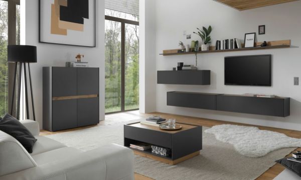 Wohnwand Center in grau matt und Wotan Eiche 5-teilig mit XXL TV-Board 340 x 180 cm