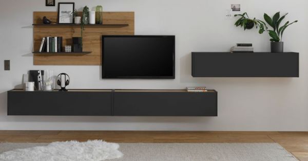 Wohnwand Center in grau matt und Wotan Eiche 4-teilig 400 x 180 cm mit XXL-TV-Schrank