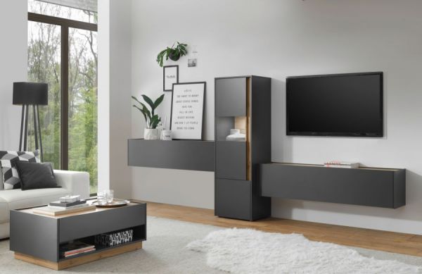 Wohnwand Center in grau matt und Wotan Eiche Wohnkombination 3-teilig 350 x 155 cm