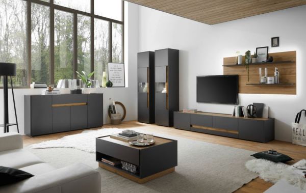 Wohnwand Center in grau matt und Wotan Eiche Set 2-teilig 300 x 180 cm