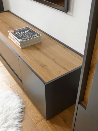Wohnwand Center in grau matt und Wotan Eiche 3-teilig 343 x 180 cm mit XL-TV-Schrank