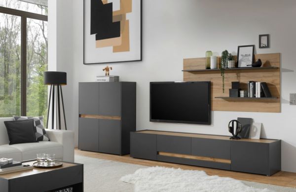 Wohnwand Center in grau matt und Wotan Eiche 3-teilig 343 x 180 cm mit XL-TV-Schrank