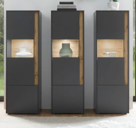 Schrank Set 3-teilig Center in grau matt und Wotan Eiche Wohnkombination 3 x Vitrine 190 x 155 cm