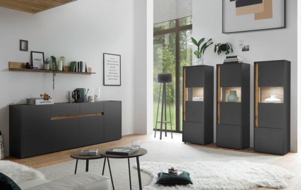 Schrank Set 3-teilig Center in grau matt und Wotan Eiche Wohnkombination 3 x Vitrine 190 x 155 cm