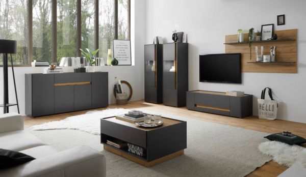 Wohnwand Center in grau matt und Wotan Eiche Wohnkombination 4-teilig 340 x 170 cm