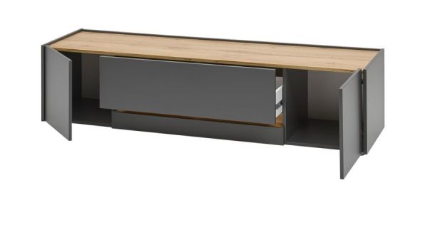 Wohnwand Center in grau matt und Wotan Eiche Wohnkombination 4-teilig 310 x 197 cm