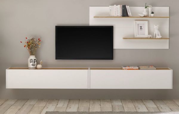Wohnkombination Center in wei� und Wotan Eiche Wohnwand 3-teilig 300 x 180 cm mit XXL-Board und Wandpaneel