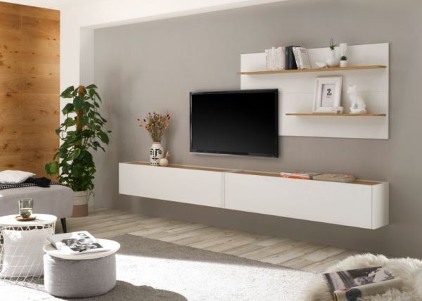 Wohnkombination Center in wei� und Wotan Eiche Wohnwand 3-teilig 300 x 180 cm mit XXL-Board und Wandpaneel