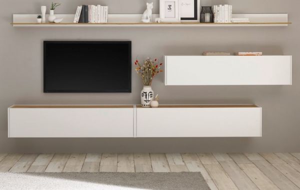 Wohnkombination Center in wei� und Wotan Eiche Wohnwand 5-teilig mit XXL-Board 340 x 180 cm