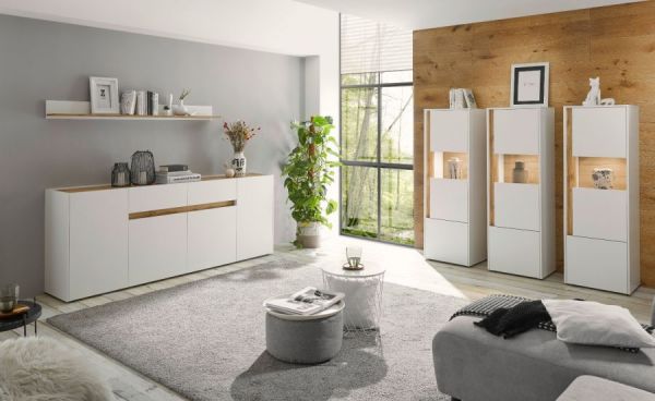 Wohnkombination Center in wei� und Wotan Eiche Wohnwand 5-teilig mit XXL-Board 340 x 180 cm