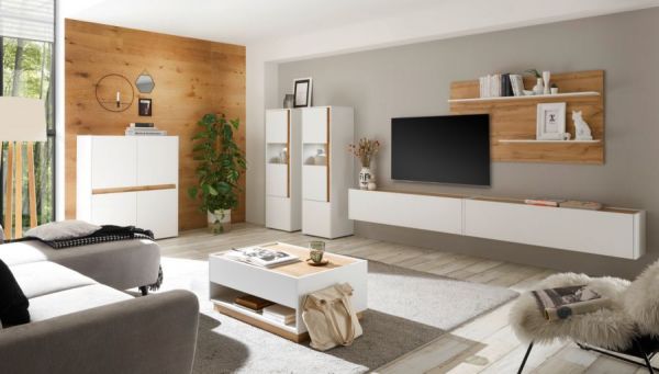 Wohnkombination Center in wei� und Wotan Eiche Wohnwand 4-teilig 400 x 180 cm mit XXL-Board und Wandpaneel