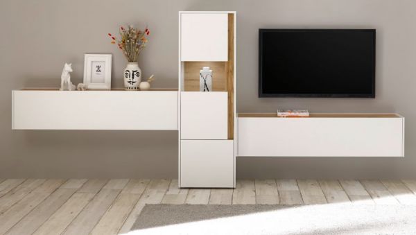 Wohnkombination Center in wei� und Wotan Eiche Wohnwand 3-teilig 350 x 155 cm