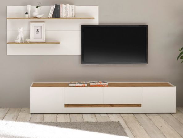 Wohnkombination Center in wei� und Wotan Eiche Wohnwand 2-teilig 300 x 180 cm mit XL-Board und Wandpaneel