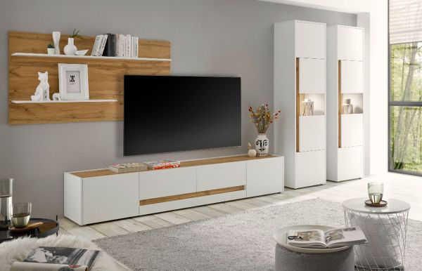 Wohnwand Center in wei� und Wotan Eiche Wohnkombination 4-teilig 400 x 197 cm mit XL-Board