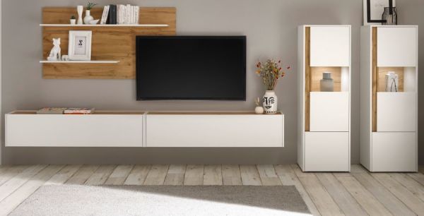 Wohnwand Center in wei� und Wotan Eiche Wohnkombination 5-teilig 440 x 180 cm mit XXL-Board