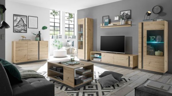 Vitrine Louna in Eiche Artisan und Graphit grau Vitrinenschrank 72 x 154 cm