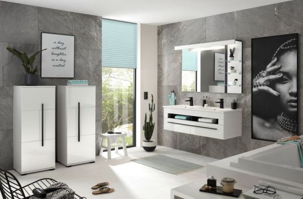 Badezimmer Midischrank Design-D in wei� Hochglanz Badm�bel Kommode 45 x 126 cm