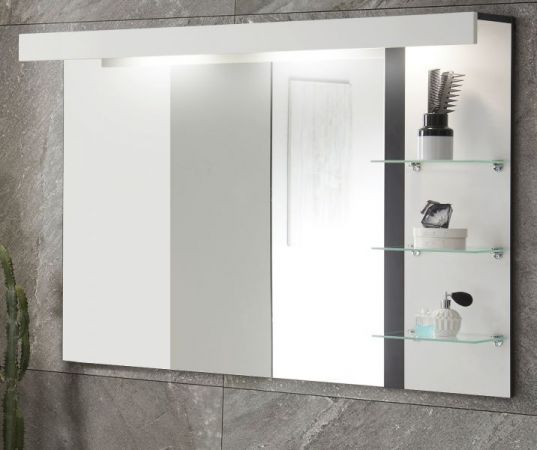Badezimmer Spiegel Design-D in wei� Hochglanz und schwarz Badspiegel mit Ablage und LED Beleuchtung 120 x 85 cm