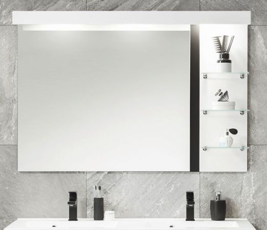 Badezimmer Spiegel Design-D in wei� Hochglanz und schwarz Badspiegel mit Ablage und LED Beleuchtung 120 x 85 cm
