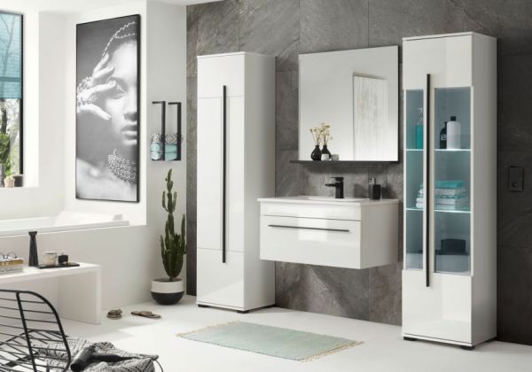 Badm�bel Set Design-D in wei� Hochglanz und schwarz Badkombination MIT Waschbecken 135 x 200 cm