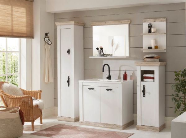 Badezimmer Kommode Rovola in Pinie wei� / Oslo Pinie Landhaus Badm�bel Midischrank 42 x 120 cm