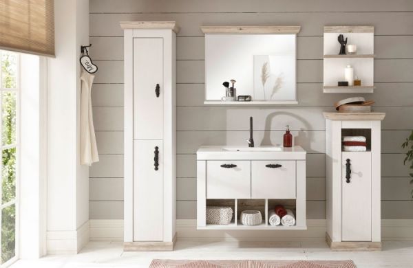 Badezimmer Hochschrank Rovola in Pinie wei� / Oslo Pinie Landhaus Badschrank 65 x 200 cm
