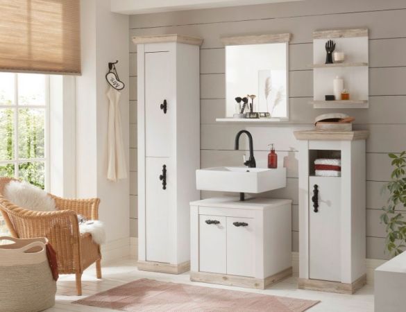 Badezimmer Waschbeckenunterschrank Rovola in Pinie wei� / Oslo Pinie Landhaus Badschrank 60 x 63 cm