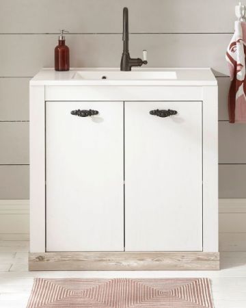 Waschbeckenunterschrank MIT Waschbecken Rovola in Pinie wei� / Oslo Pinie Landhaus Waschtisch Set 81 x 85 cm