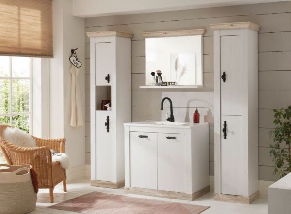 Waschbeckenunterschrank MIT Waschbecken Rovola in Pinie wei� / Oslo Pinie Landhaus Waschtisch Set 81 x 85 cm