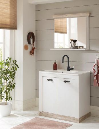 Badkombination Rovola in Pinie wei� / Oslo Pinie Landhaus Badm�bel Set 3-tlg. MIT Waschbecken 81 x 200 cm