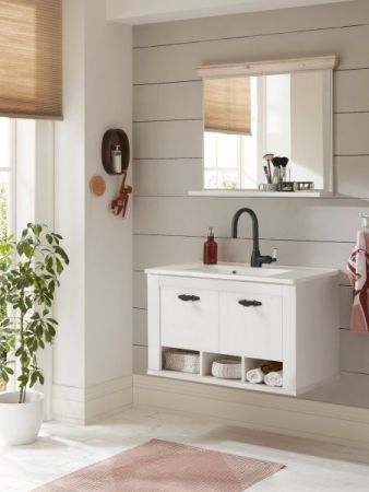 Badkombination Rovola in Pinie wei� / Oslo Pinie Landhaus Badm�bel Set 3-tlg. h�ngend MIT Waschbecken 81 x 200 cm
