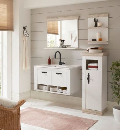 Badkombination Rovola in Pinie wei� / Oslo Pinie Landhaus Badm�bel Set 5-tlg. h�ngend MIT Waschbecken 143 x 200 cm