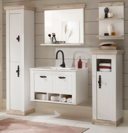 Badkombination Rovola in Pinie wei� / Oslo Pinie Landhaus Badm�bel Set 6-tlg. h�ngend MIT Waschbecken 205 x 200 cm