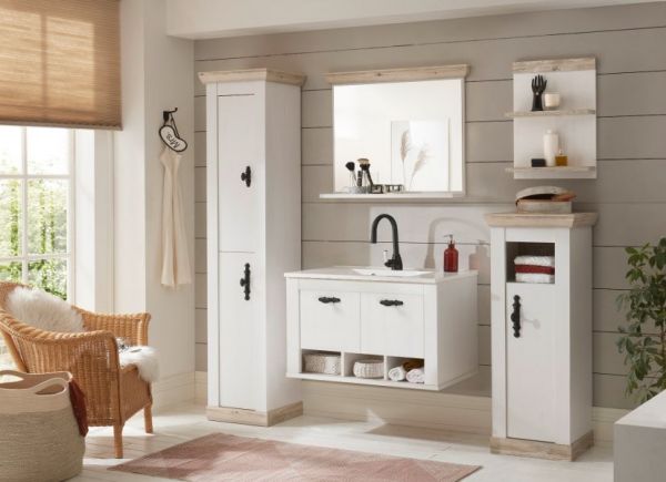 Badkombination Rovola in Pinie wei� / Oslo Pinie Landhaus Badm�bel Set 6-tlg. h�ngend MIT Waschbecken 205 x 200 cm