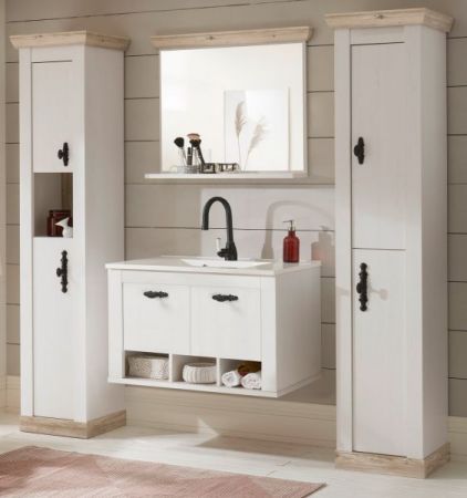 Badkombination Rovola in Pinie wei� / Oslo Pinie Landhaus Badm�bel Set 5-tlg. h�ngend MIT Waschbecken 205 x 200 cm
