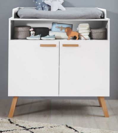 Babyzimmer Wickelkommode Svea in wei� matt mit Buche massiv Babym�bel Wickeltisch 96 x 105 cm