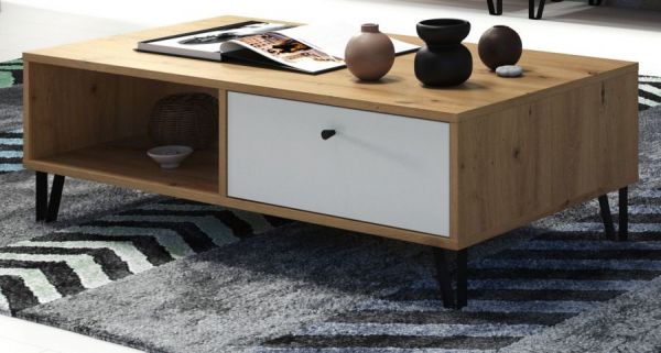 Couchtisch Linea in wei� matt und Eiche Artisan Beistelltisch mit 2 x Schubkasten 110 cm