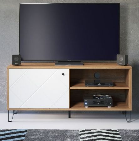 TV-Lowboard Linea in wei� matt mit Rautenoptik und Eiche Artisan TV-Unterteil 123 cm
