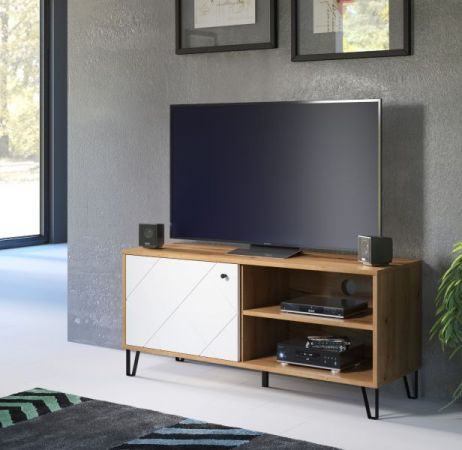 TV-Lowboard Linea in wei� matt mit Rautenoptik und Eiche Artisan TV-Unterteil 123 cm